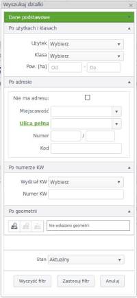 Widok okna wyszukania działki po danych szczegółowych